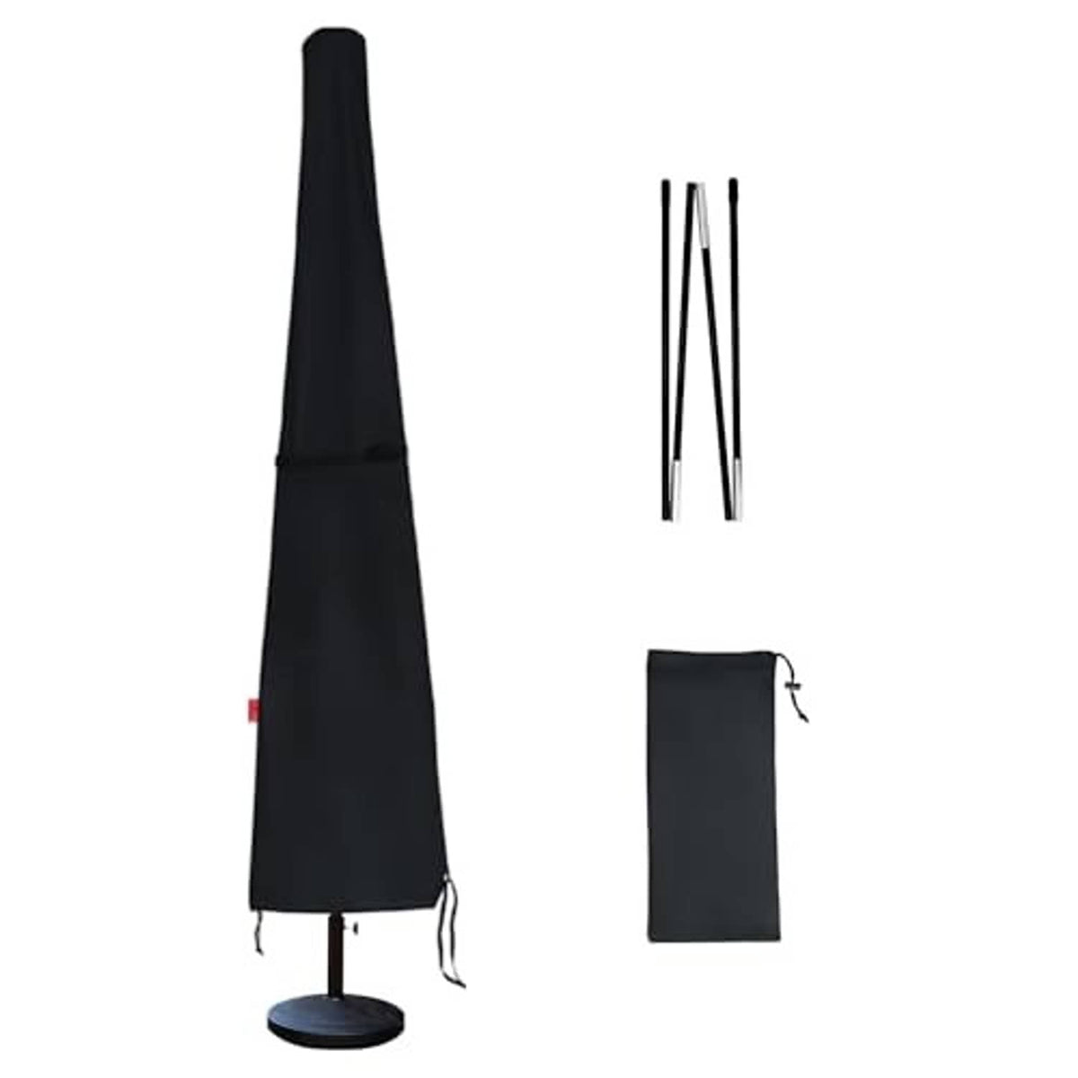 Black umbrella cover with included storage bag and foldable support poles