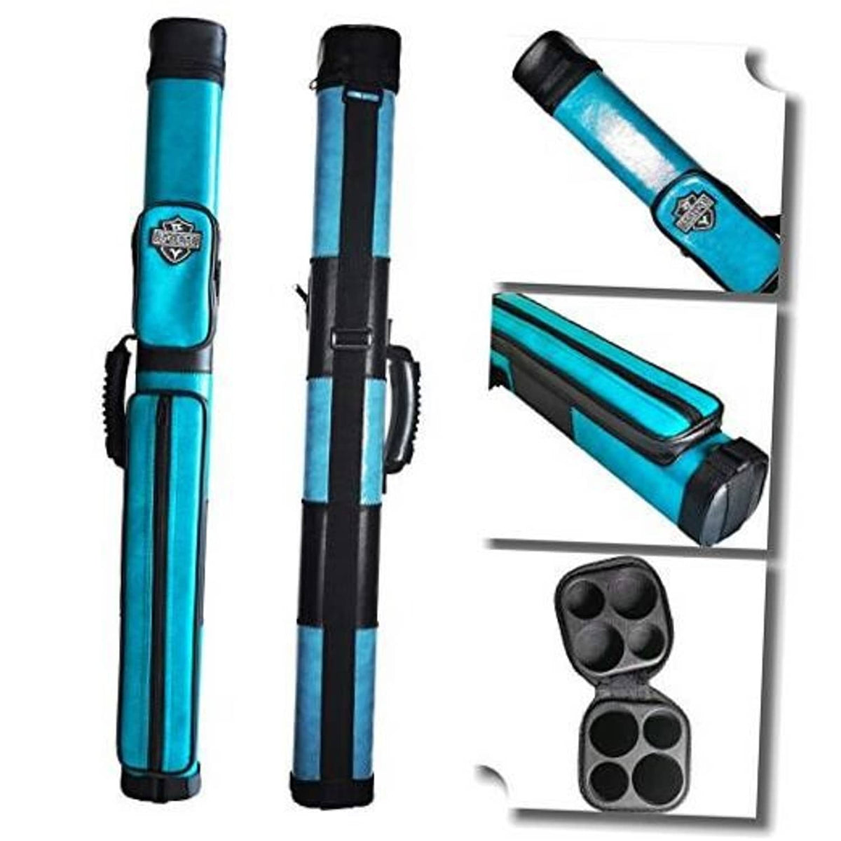 Turquoise and black 2-cue hard pool cue case with zip and side strap