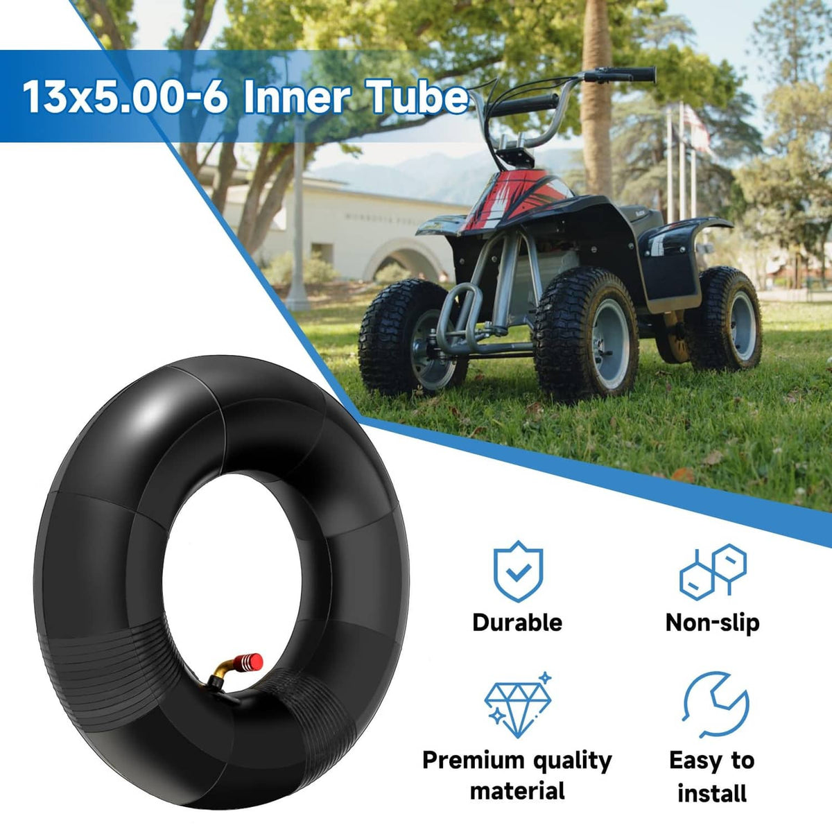 Black 13x5.00-6 inner tube with bent valve stem for off-road tires.