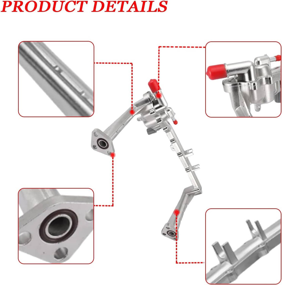Metal coolant water pipe system kit parts shown with labeled connection points
