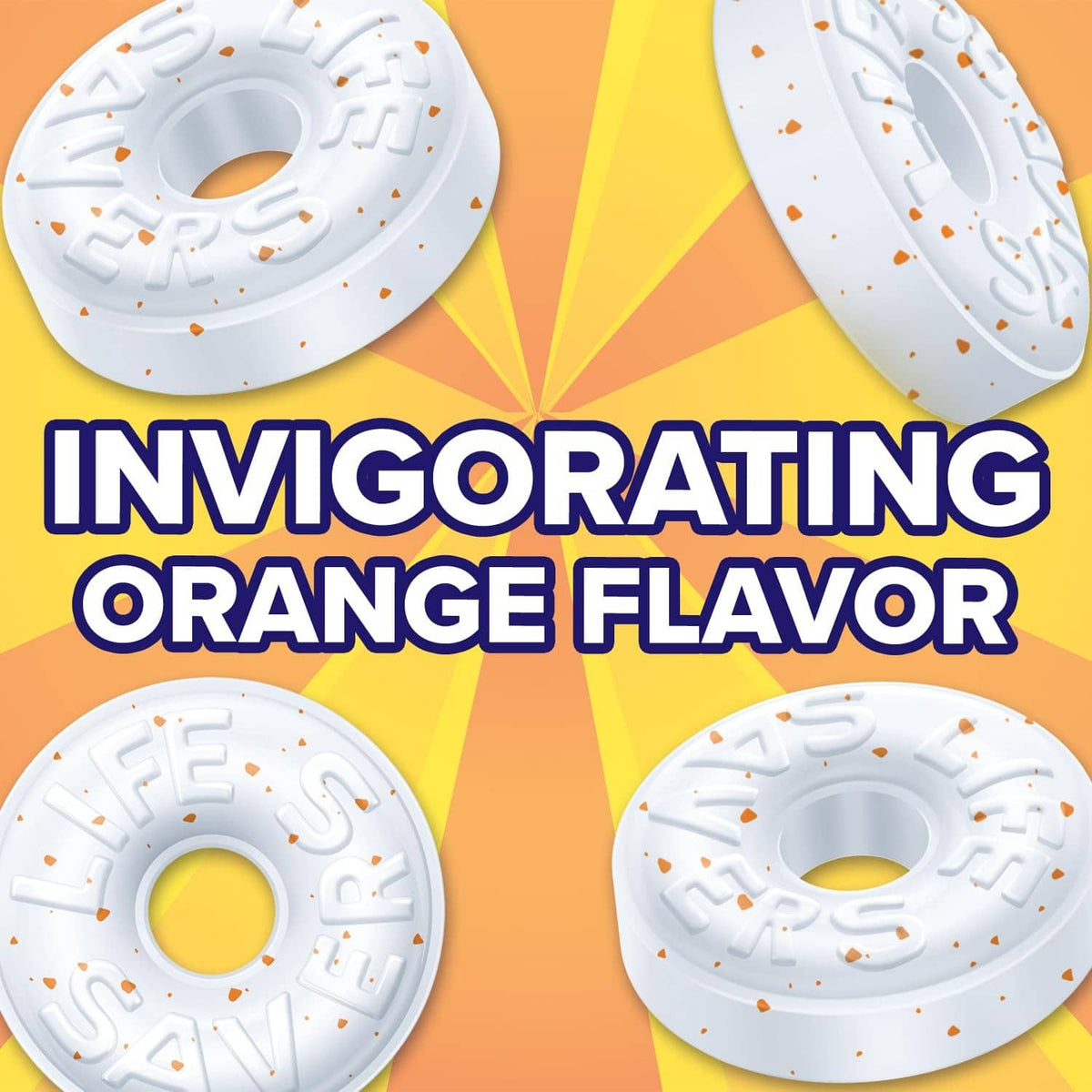 White donut-shaped orange flavor mints with small candy sprinkles, individually wrapped