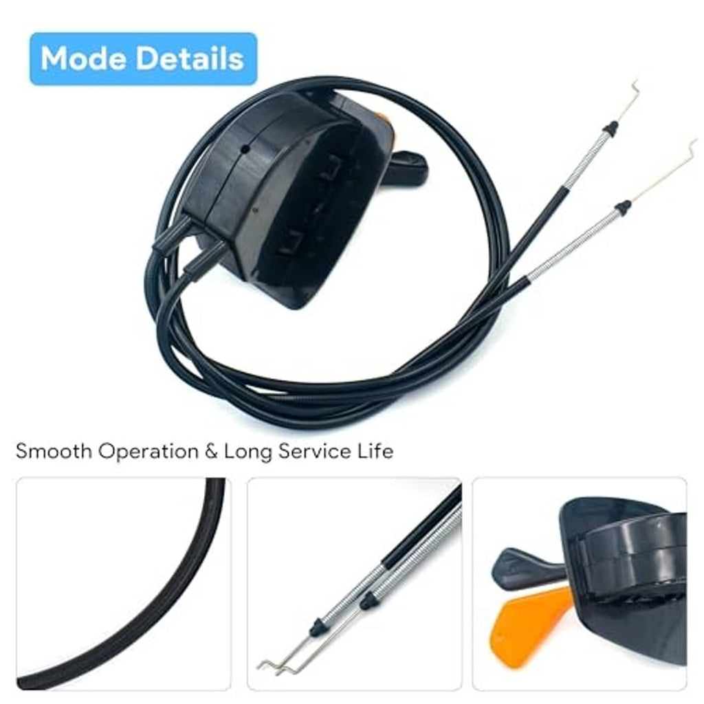 Throttle/choke cable module with black housing, orange lever, and spring-wrapped wires