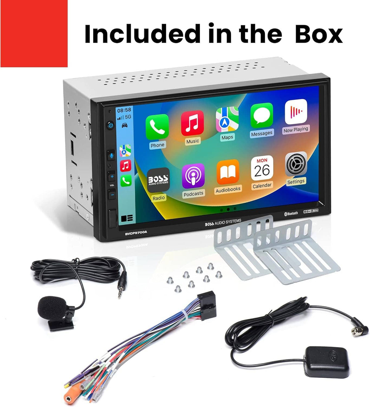 Car stereo touchscreen receiver bundle with mounting bracket, cables, and microphone