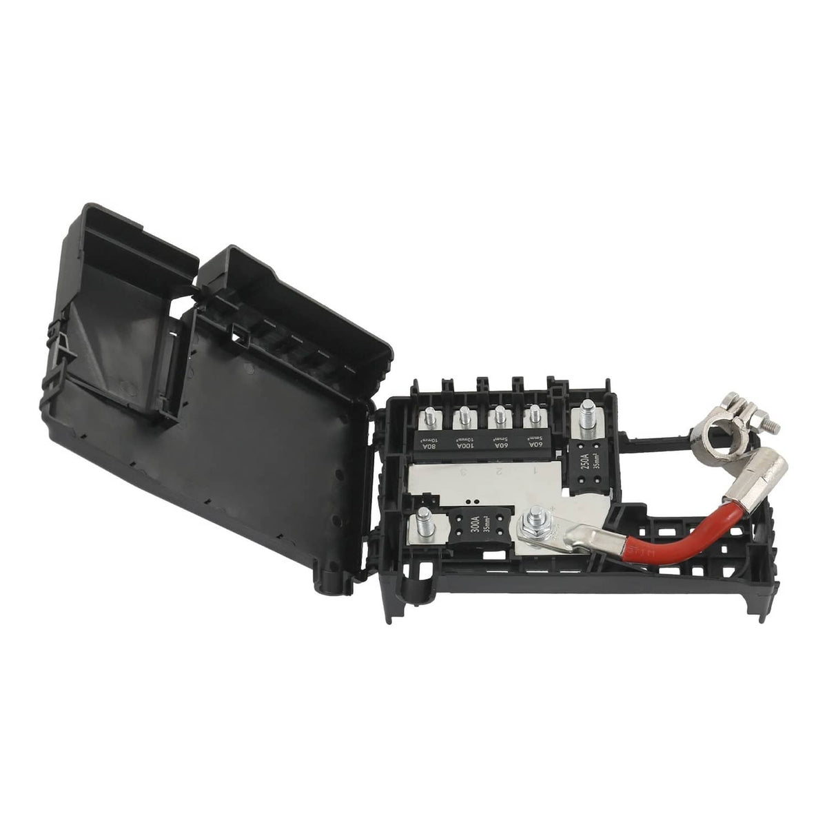Battery fuse box terminal with cover, open unit with red wire and metal bolt