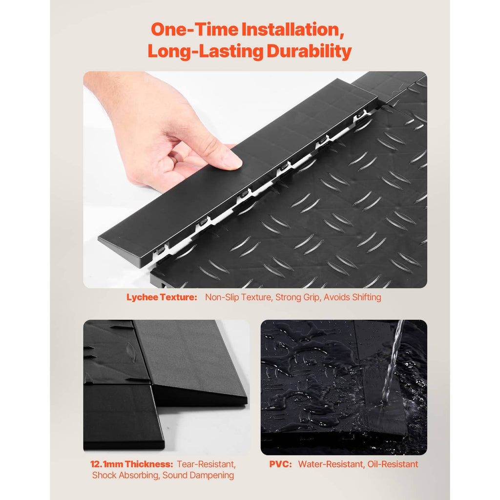Black interlocking garage floor edge piece with textured anti-slip tread pattern