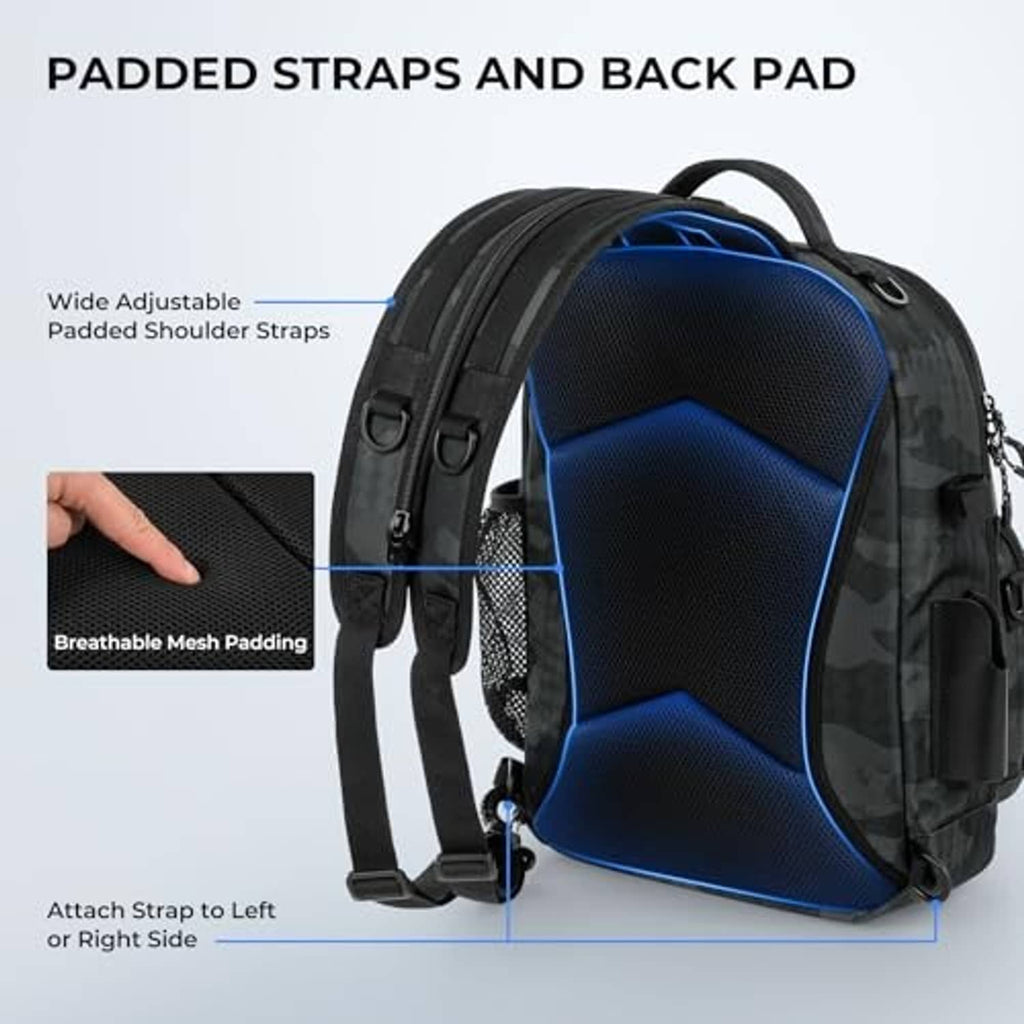 Black camo fishing bag with padded shoulder straps and breathable back pad in blue