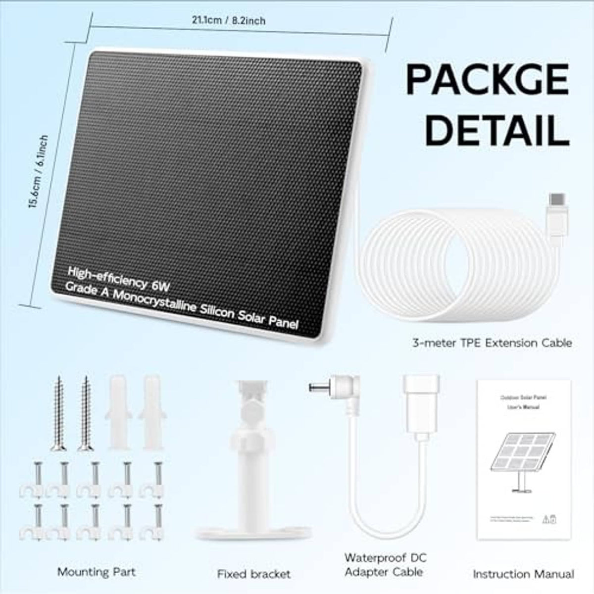Solar panel kit with black panel, coiled cable, mounting parts, bracket, and adapter