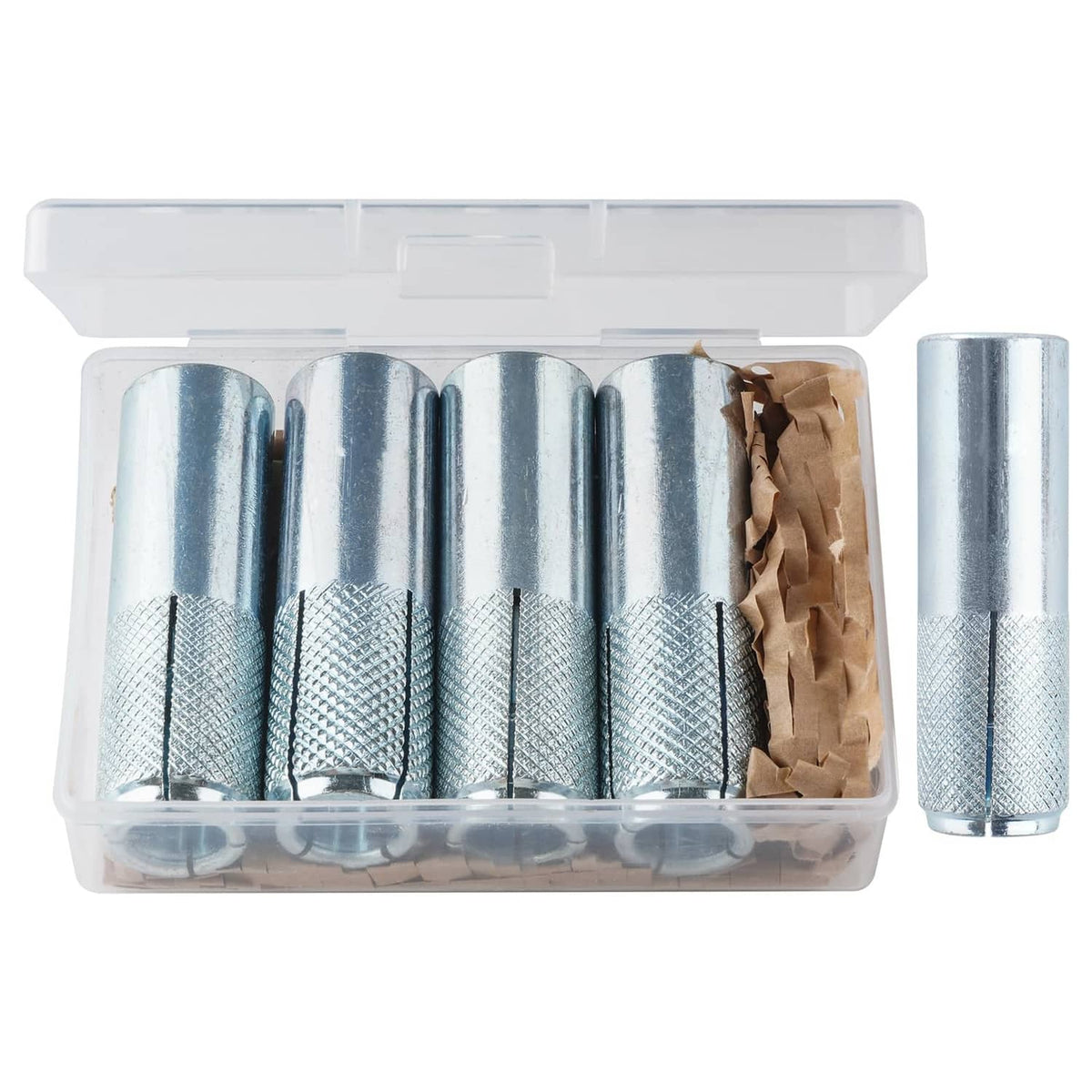 Drop-in concrete anchors in clear plastic storage box, zinc-plated silver set of 4
