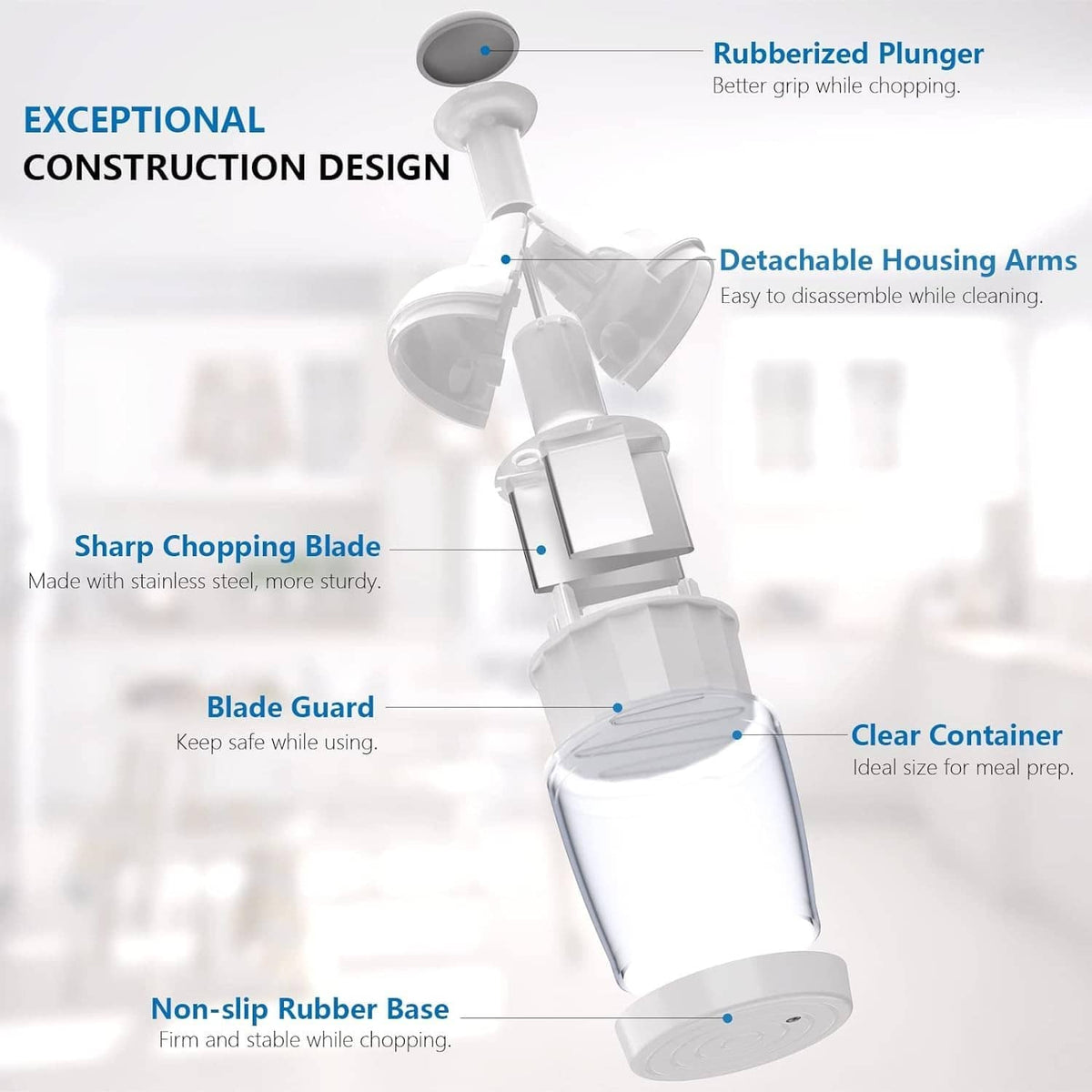 White food chopper with blade guard, detachable arms, and non-slip base