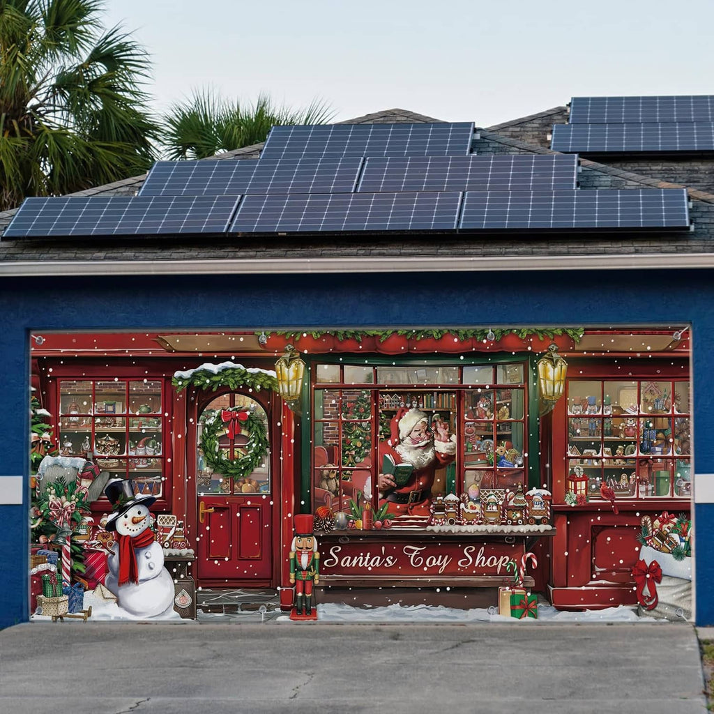 Christmas garage door banner showing red storefront, snowman on left, wreath and gifts