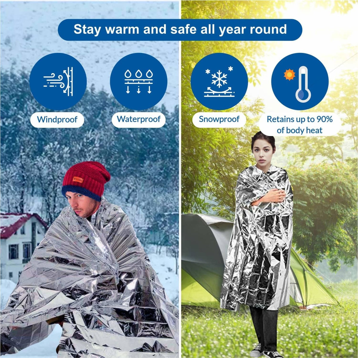 Silver mylar emergency rescue blanket wrapped around a person, waterproof and windproof
