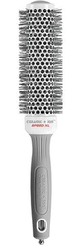Extra-long round hair styling brush with ceramic and ion bristles, white and grey handle.