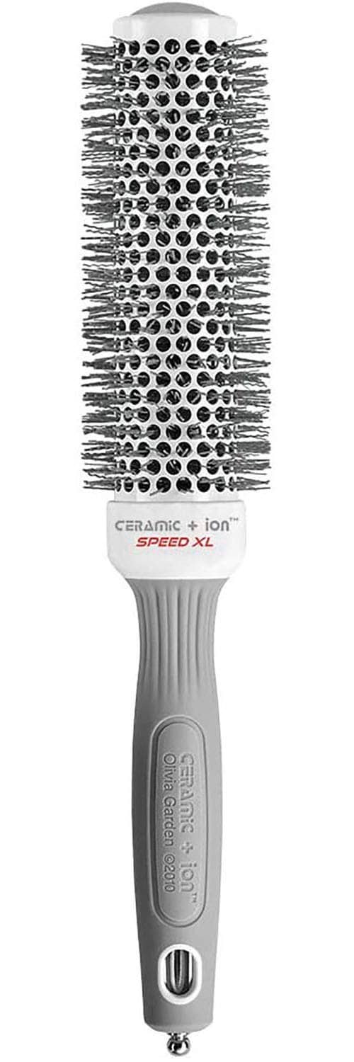 Extra-long round hair styling brush with ceramic and ion bristles, white and grey handle.