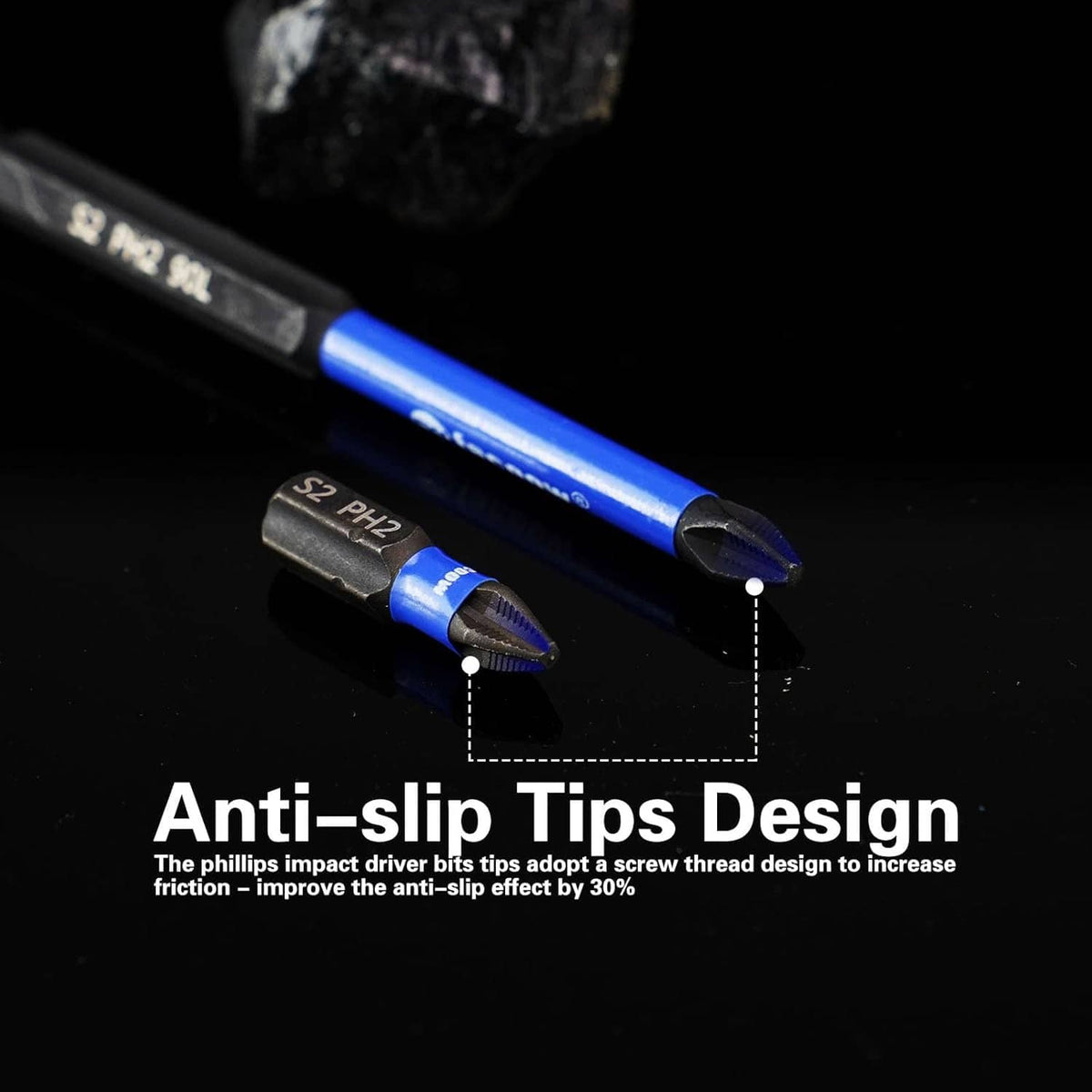 Phillips impact driver bit tips with anti-slip grooves, blue shafts and black ends