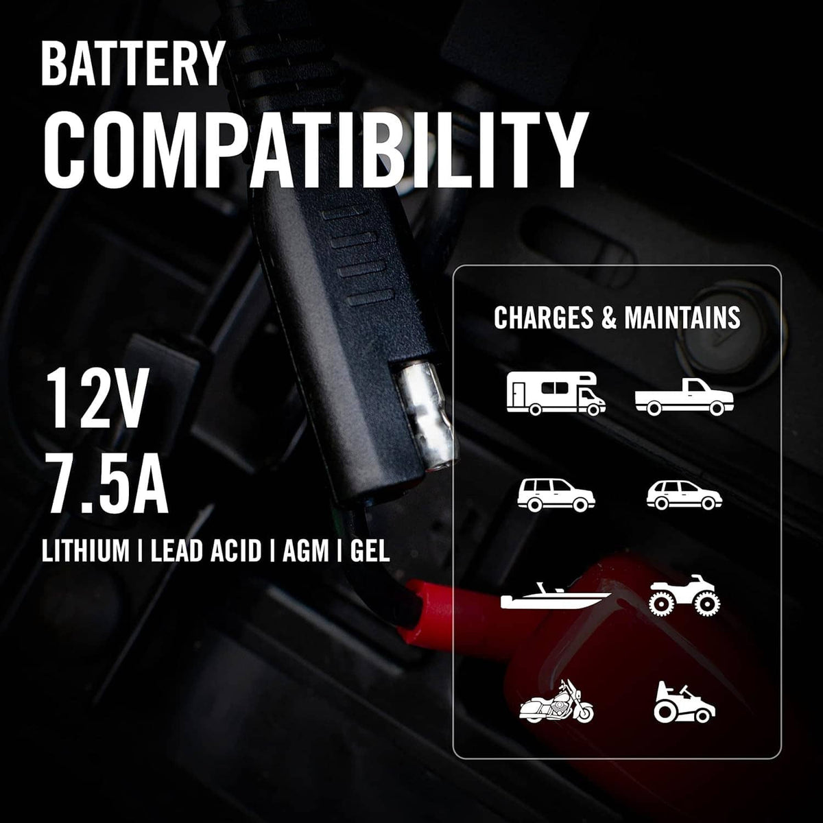 Black battery adapter cable with quick-disconnect plug and ring terminal eyelet