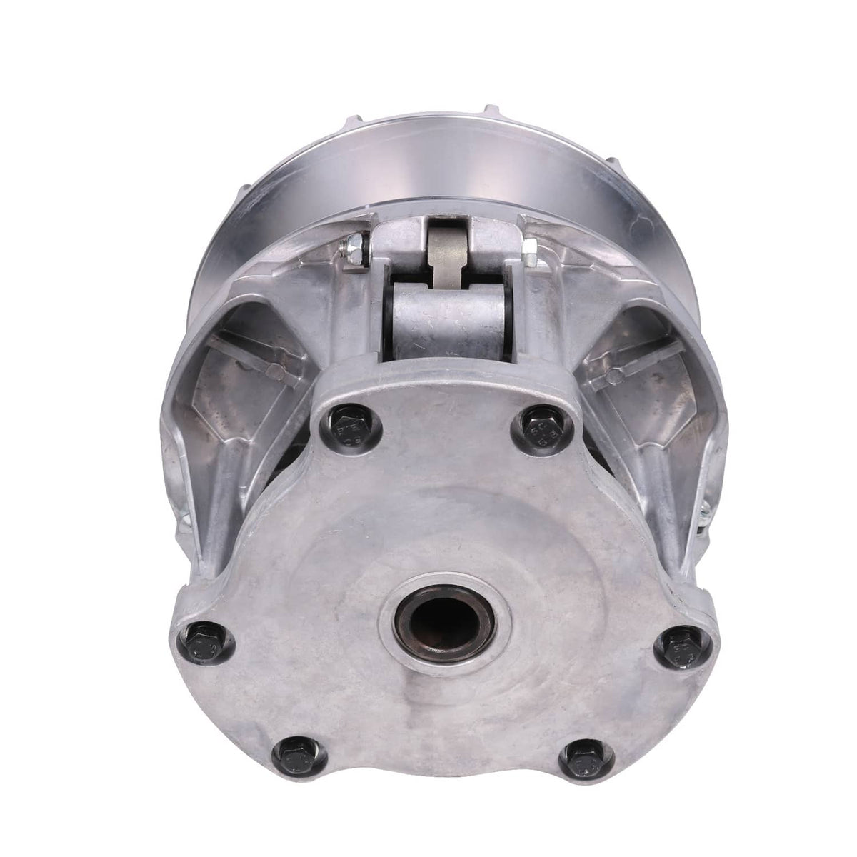 Top view of metal drive clutch assembly with central bore and fan-style outer plate