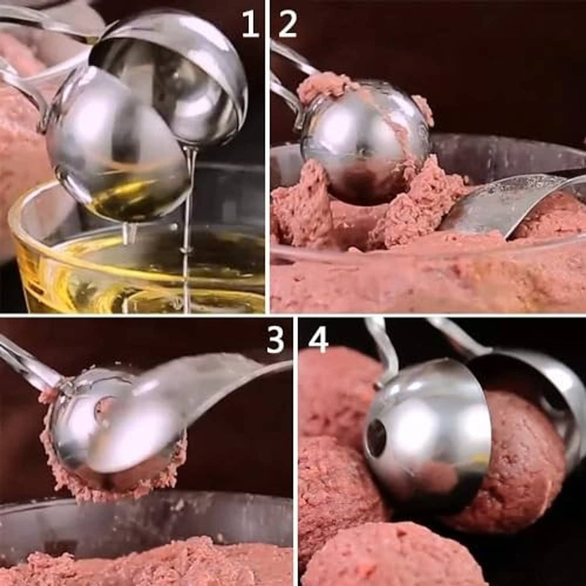 Stainless meatball scoop pouring over raw mixture, forming round meatballs.