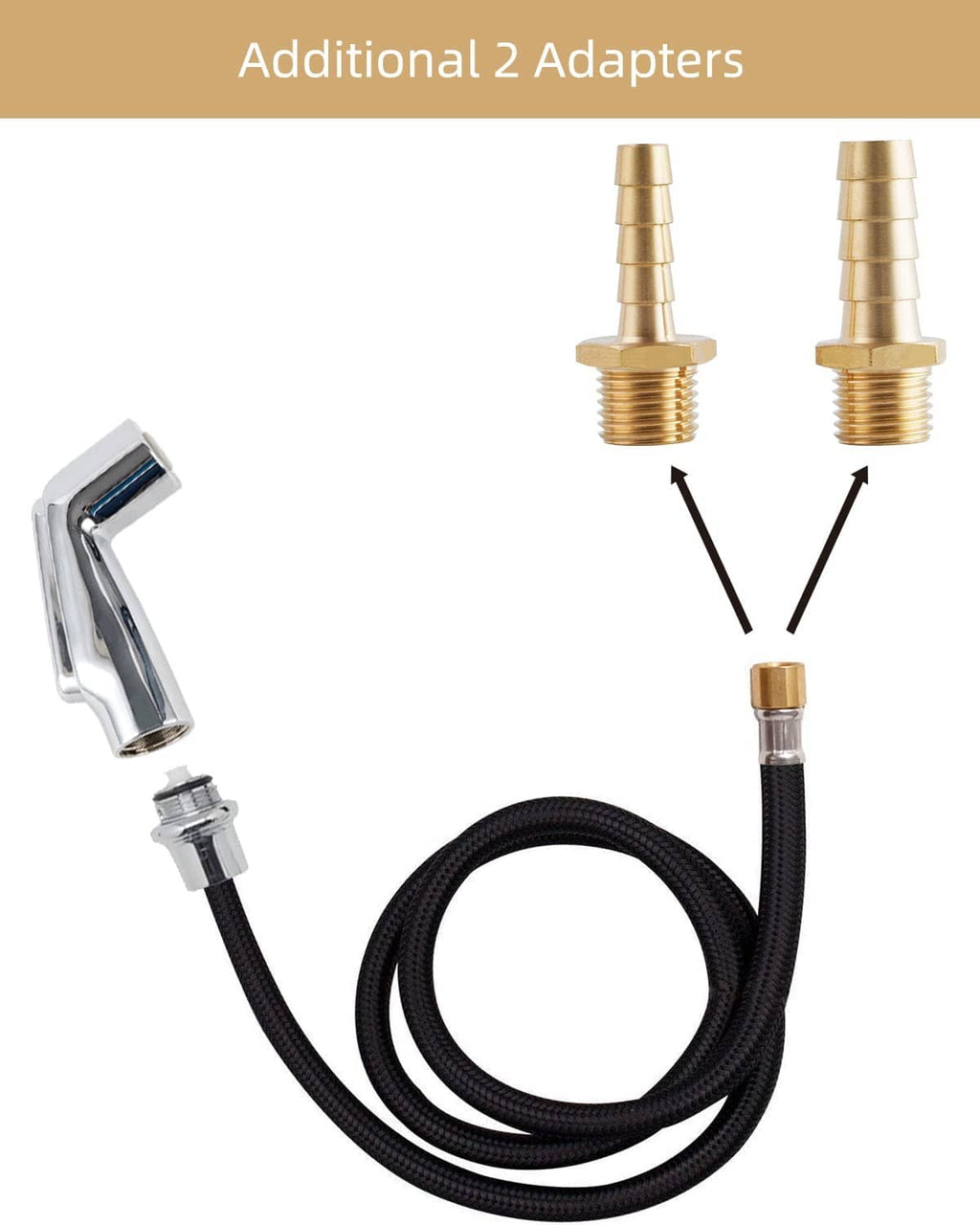 Chrome sprayer with black braided hose and two additional threaded adapters