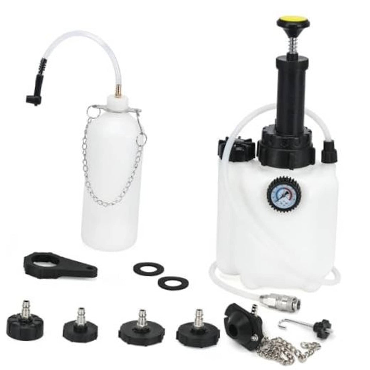 Manual vacuum brake fluid bleeder kit with 3L reservoir, gauge, adapters, and hoses