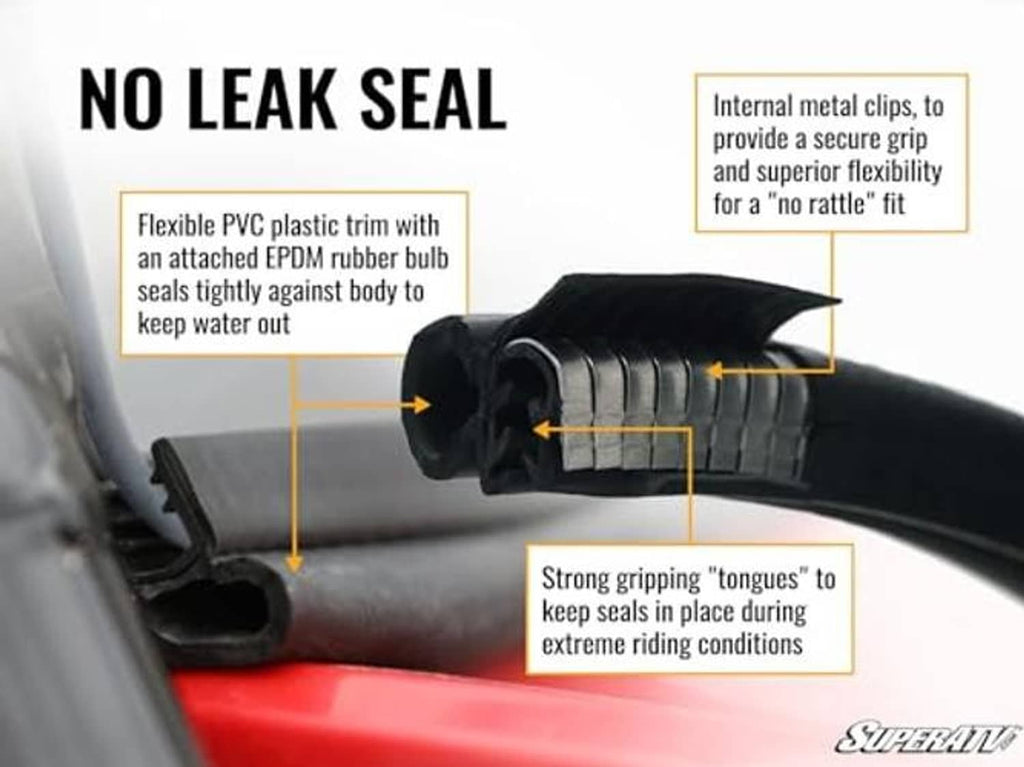 No-leak windshield seal with flexible PVC trim and rubber bulb edge