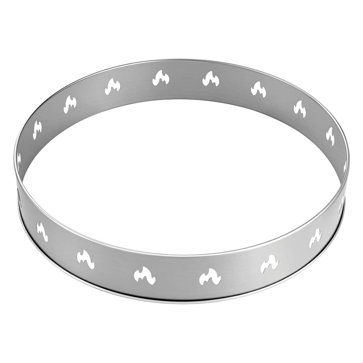 Metal fire pit stand ring with flame cutout pattern, round rim view