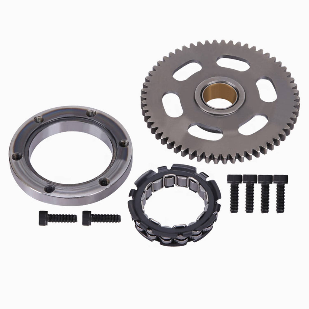 Starter clutch one-way bearing kit with gear sprocket, clutch ring, sprag bearing, and screws
