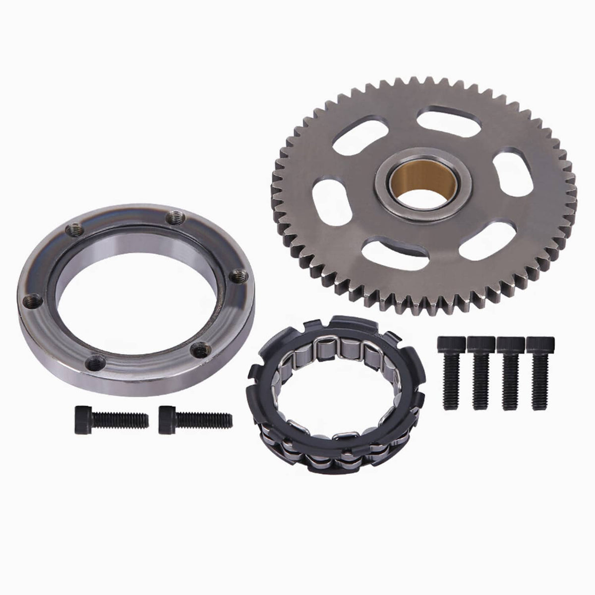 Starter clutch one-way bearing kit with gear sprocket, clutch ring, sprag bearing, and screws