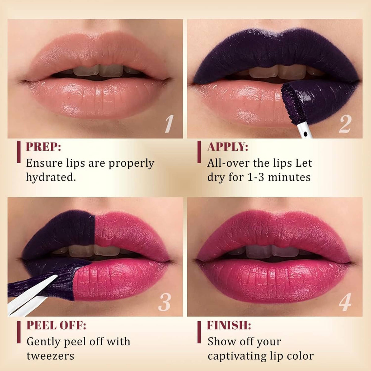 Step-by-step plum-red lip stain application and peel-off result on lips with tools