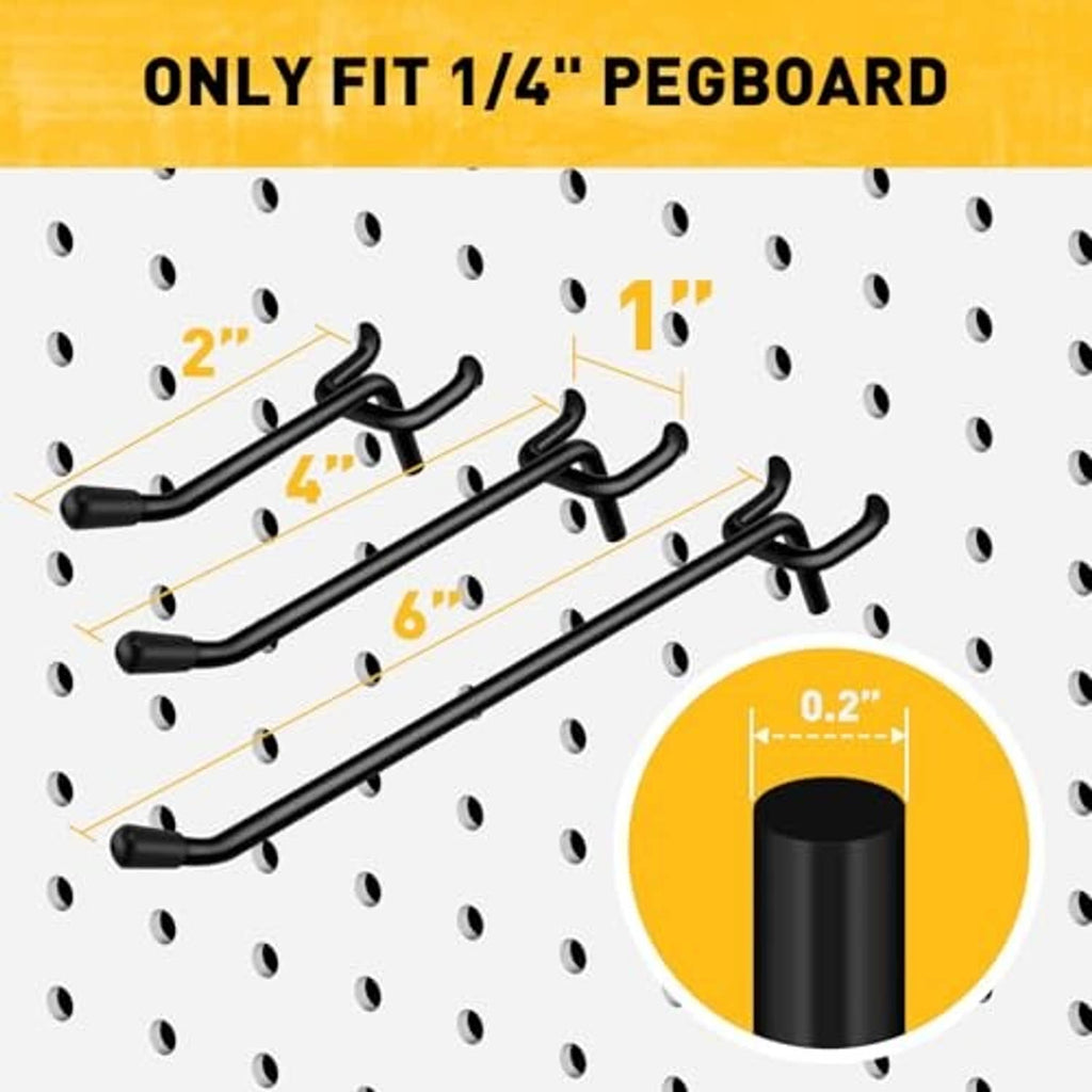 Black pegboard hooks in 2-inch, 4-inch, and 6-inch lengths on a perforated board