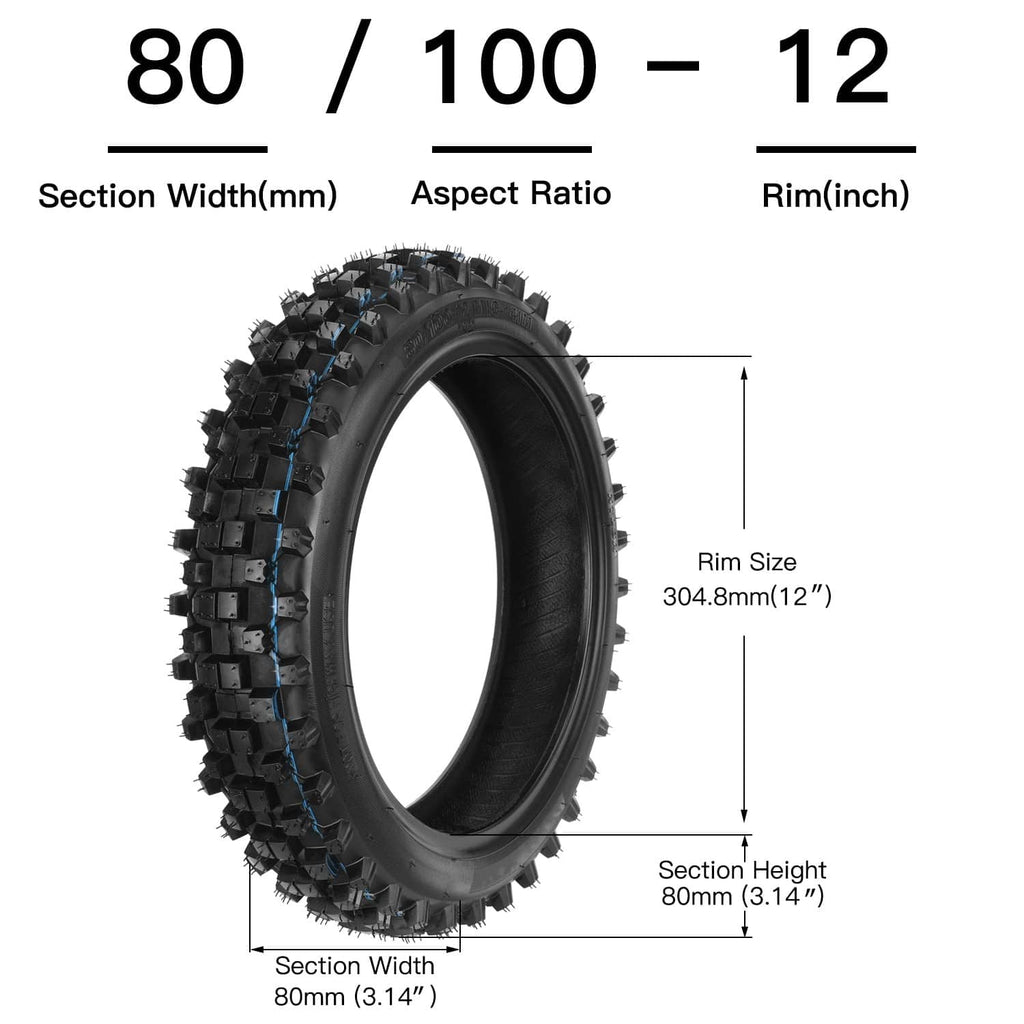 80/100-12 tire size diagram showing section width and 12-inch rim size