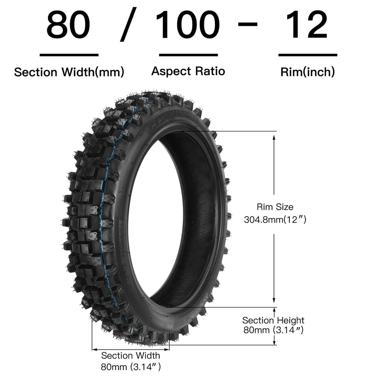 80/100-12 tire size diagram showing section width and 12-inch rim size