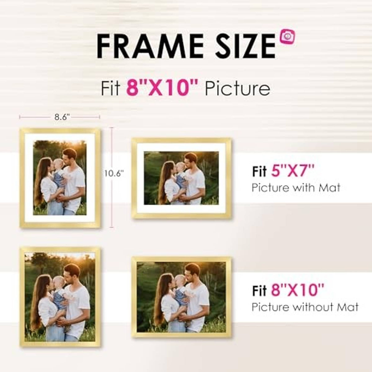 Gold 8x10 picture frame with white mat, size guide for 8x10 and 5x7