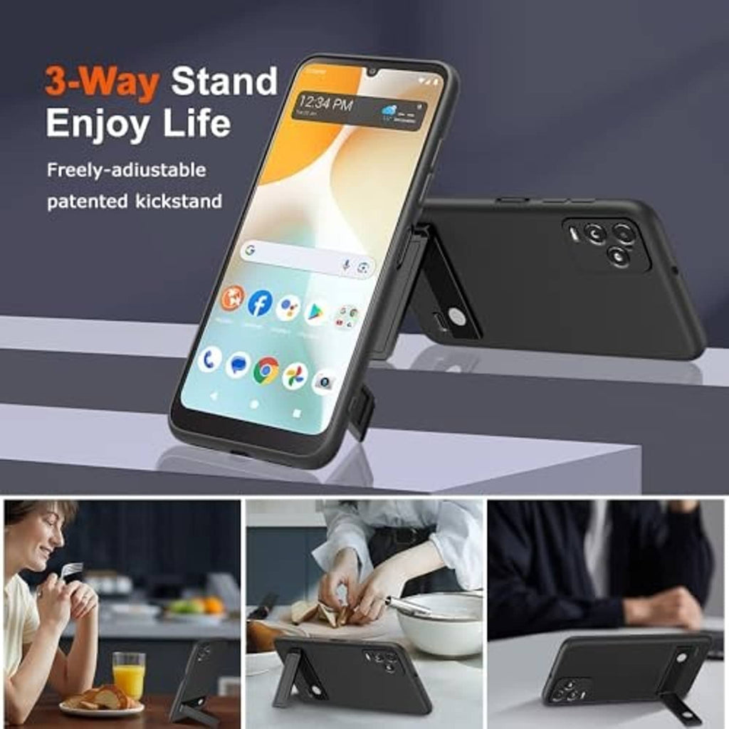 Black phone case with adjustable kickstand, phone propped for landscape viewing
