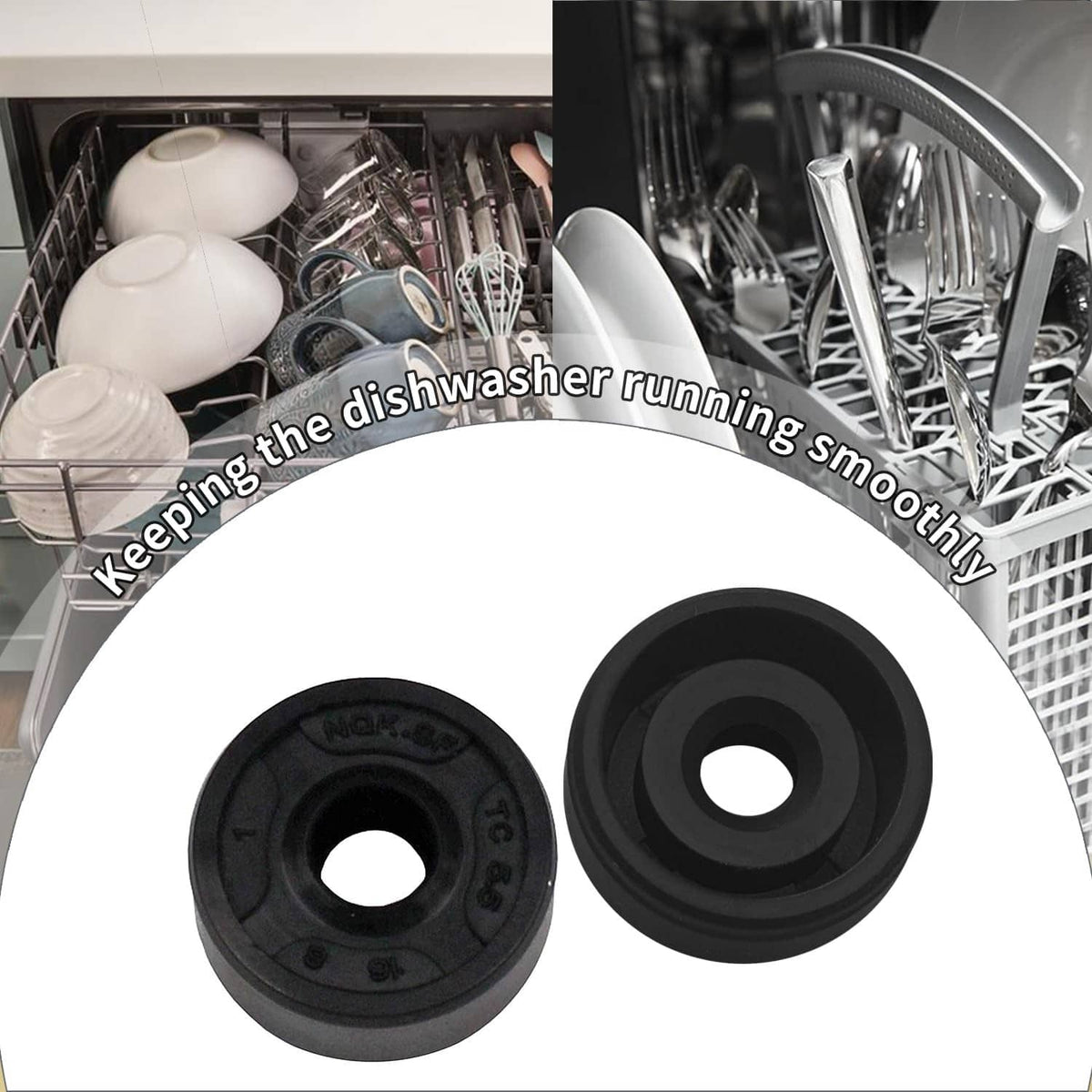 Two black diverter valve seal grommets with center holes, on white backing