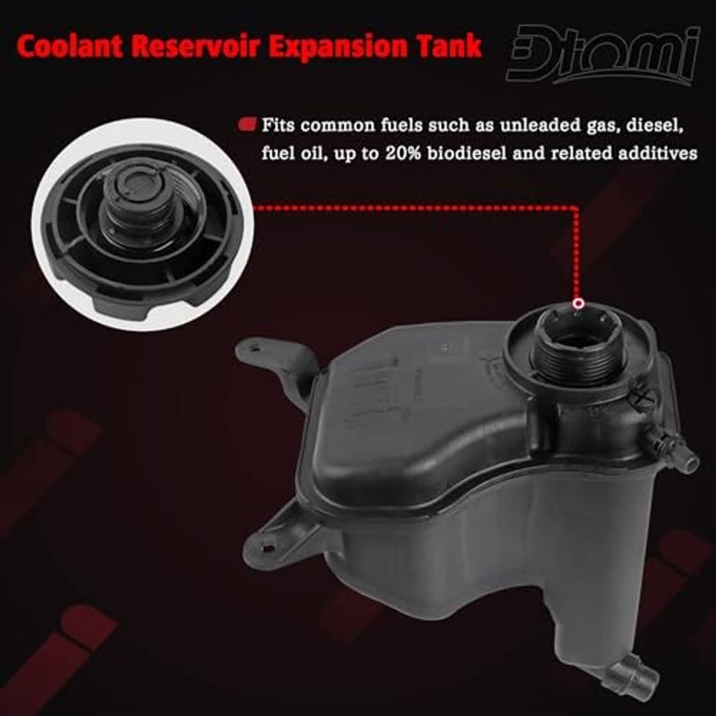 Black coolant reservoir expansion tank with screw cap and hose outlet