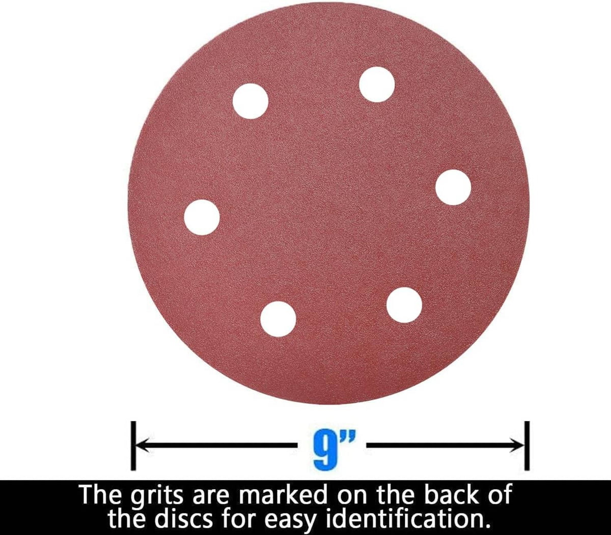 Red circular sanding disc with six dust holes, 9-inch size