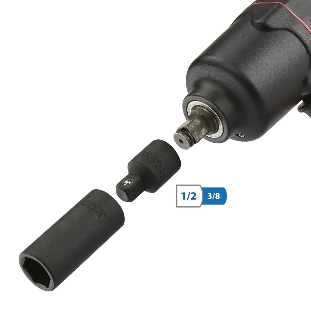 Black socket adapter extensions with square drive ends, showing 1/2 in and 3/8 in
