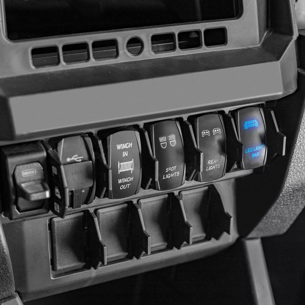 Rocker switch panel insert with labeled buttons and blue LED indicator