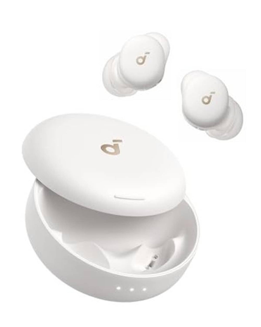 White sleep earbuds shown with earbuds and oval charging case