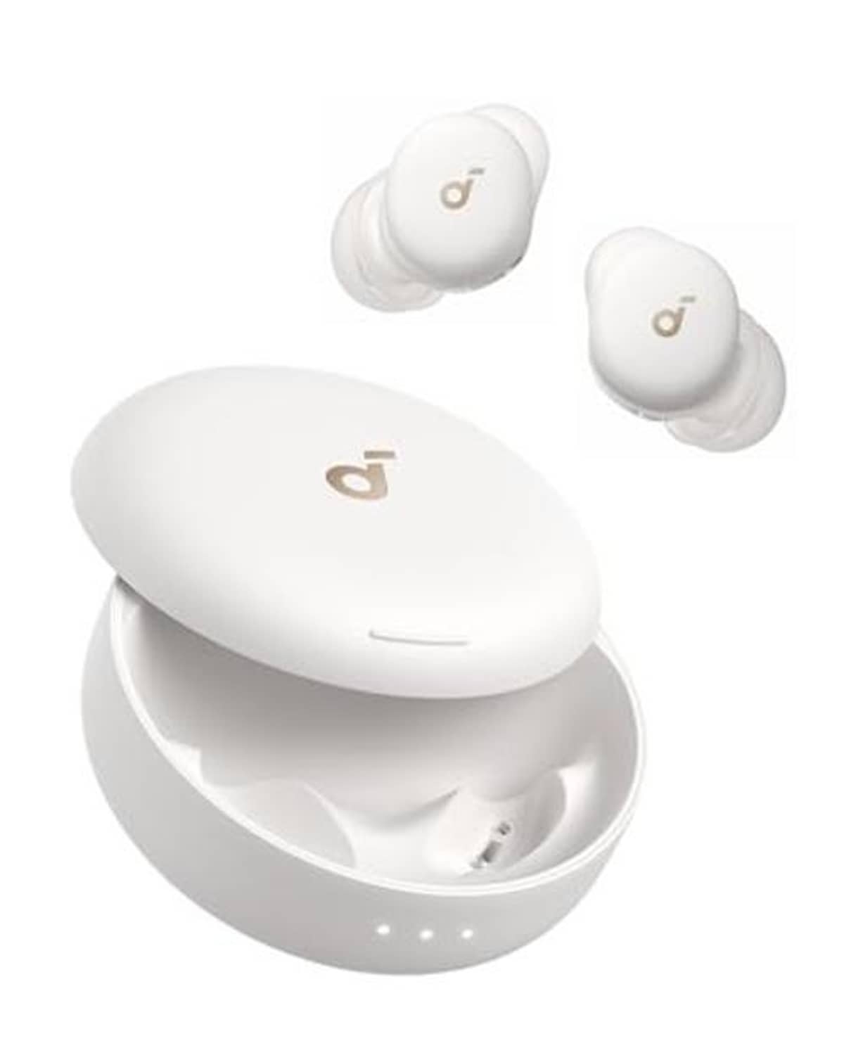 White sleep earbuds shown with earbuds and oval charging case