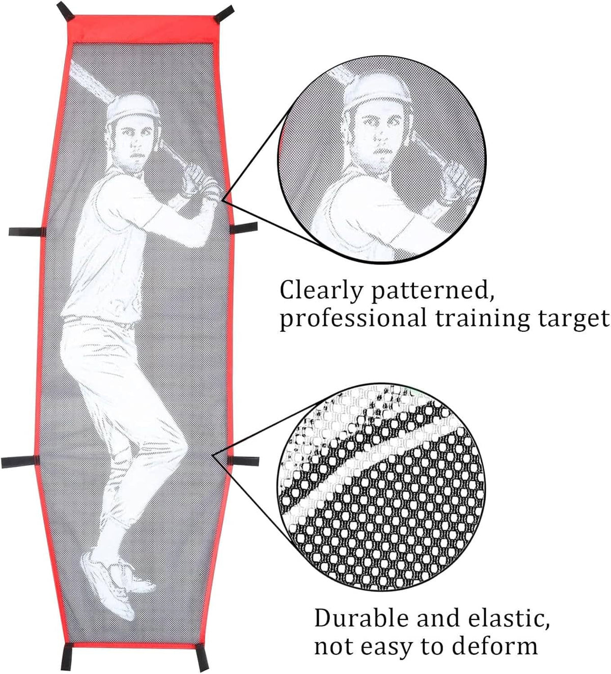 Baseball pitching target with gray batter silhouette, red frame, and durable elastic mesh