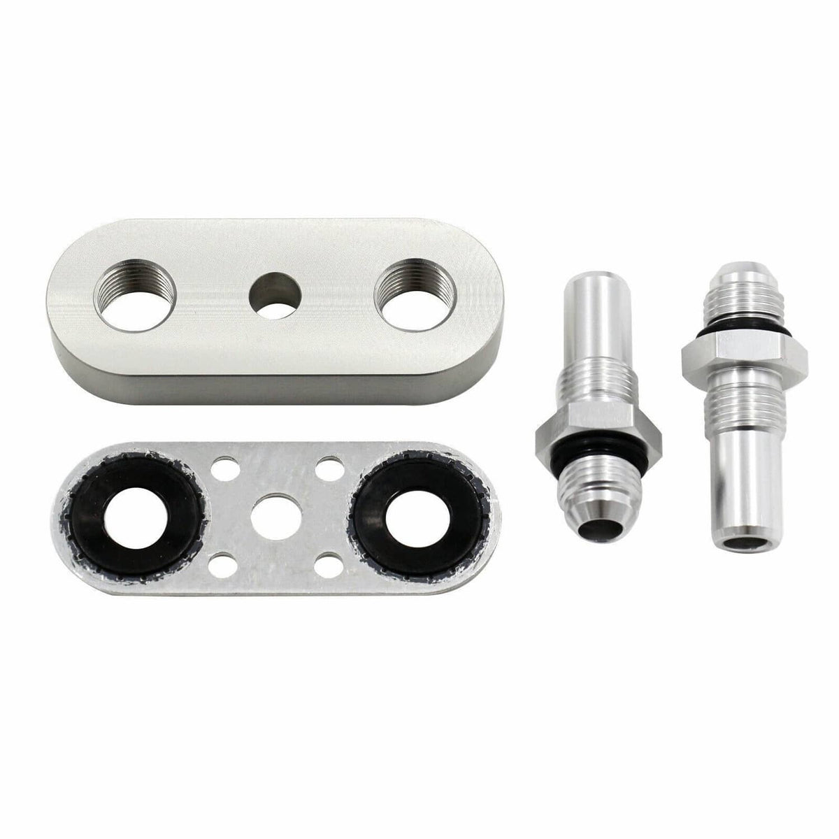 Transmission cooler line adapter plate set with two 6AN fittings, plate, and two black gaskets