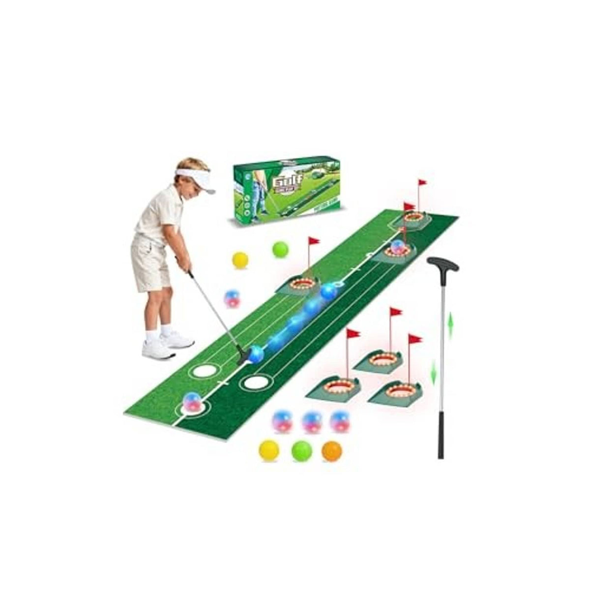 Kids glow golf putting set: green putting mat with holes, flags, and putter
