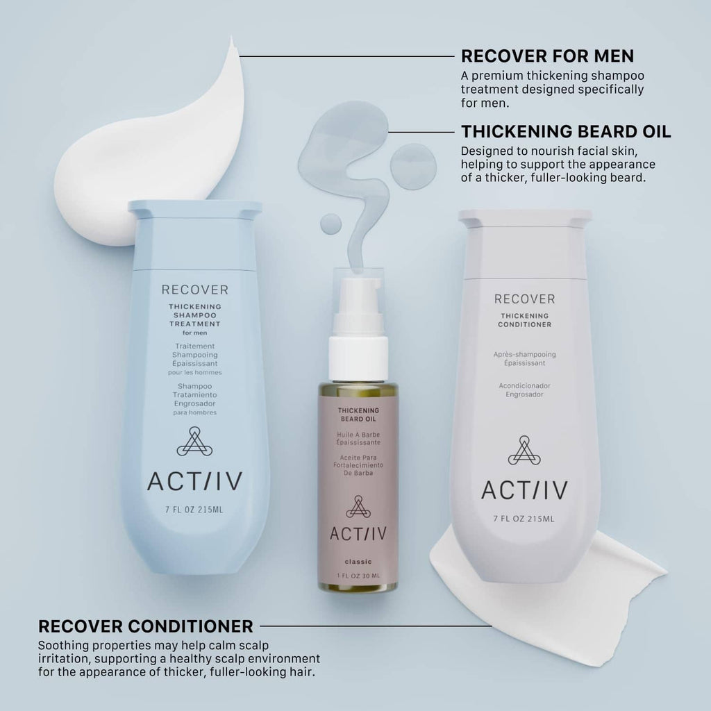 ACTIIV hair and beard care set: light-blue shampoo, white conditioner, amber beard oil
