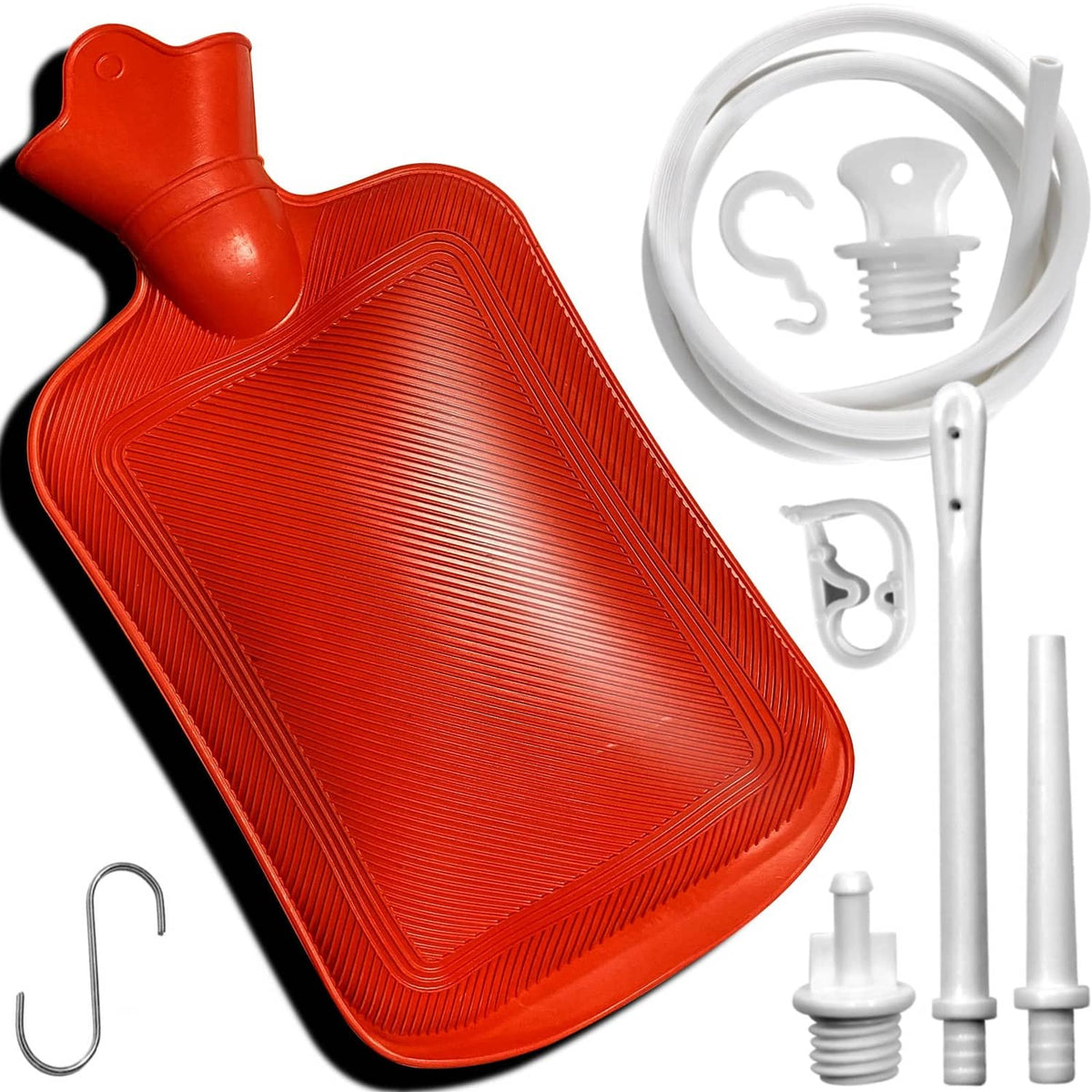 Red 2-quart enema bag kit with hose, nozzle tips, and flow clamp