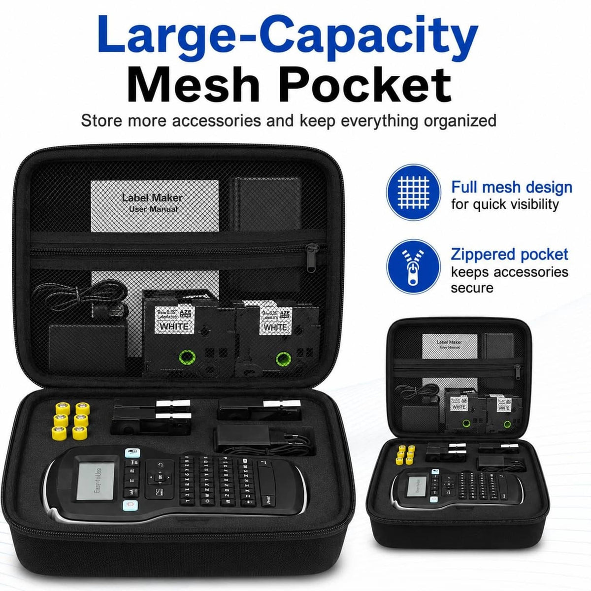 Black label maker case with large mesh pocket and zippered storage compartments
