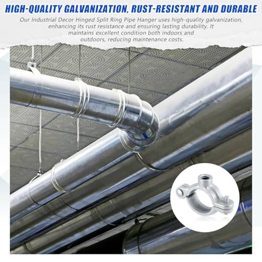 Silver galvanized split ring pipe hanger attached to large HVAC duct