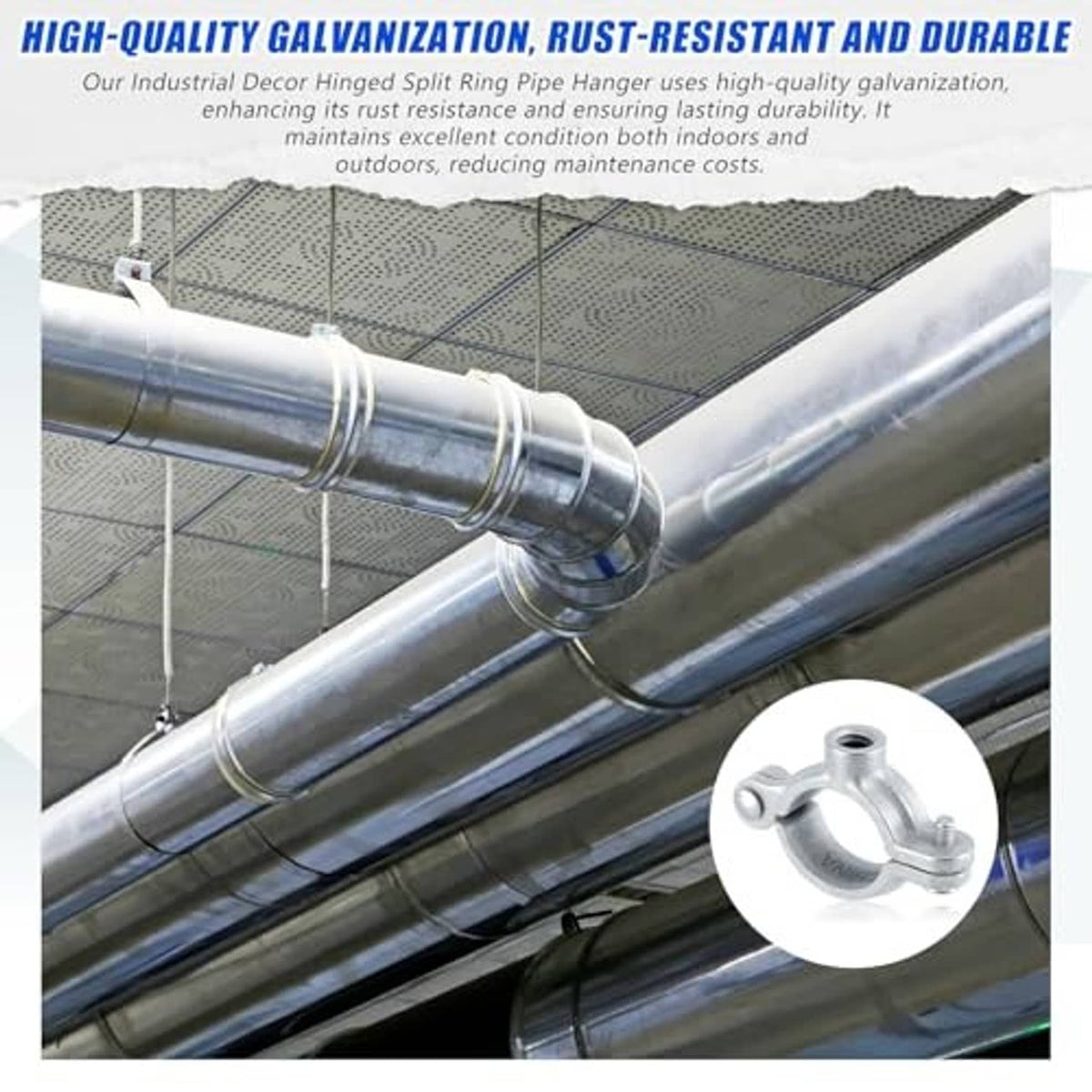 Silver galvanized split ring pipe hanger attached to large HVAC duct