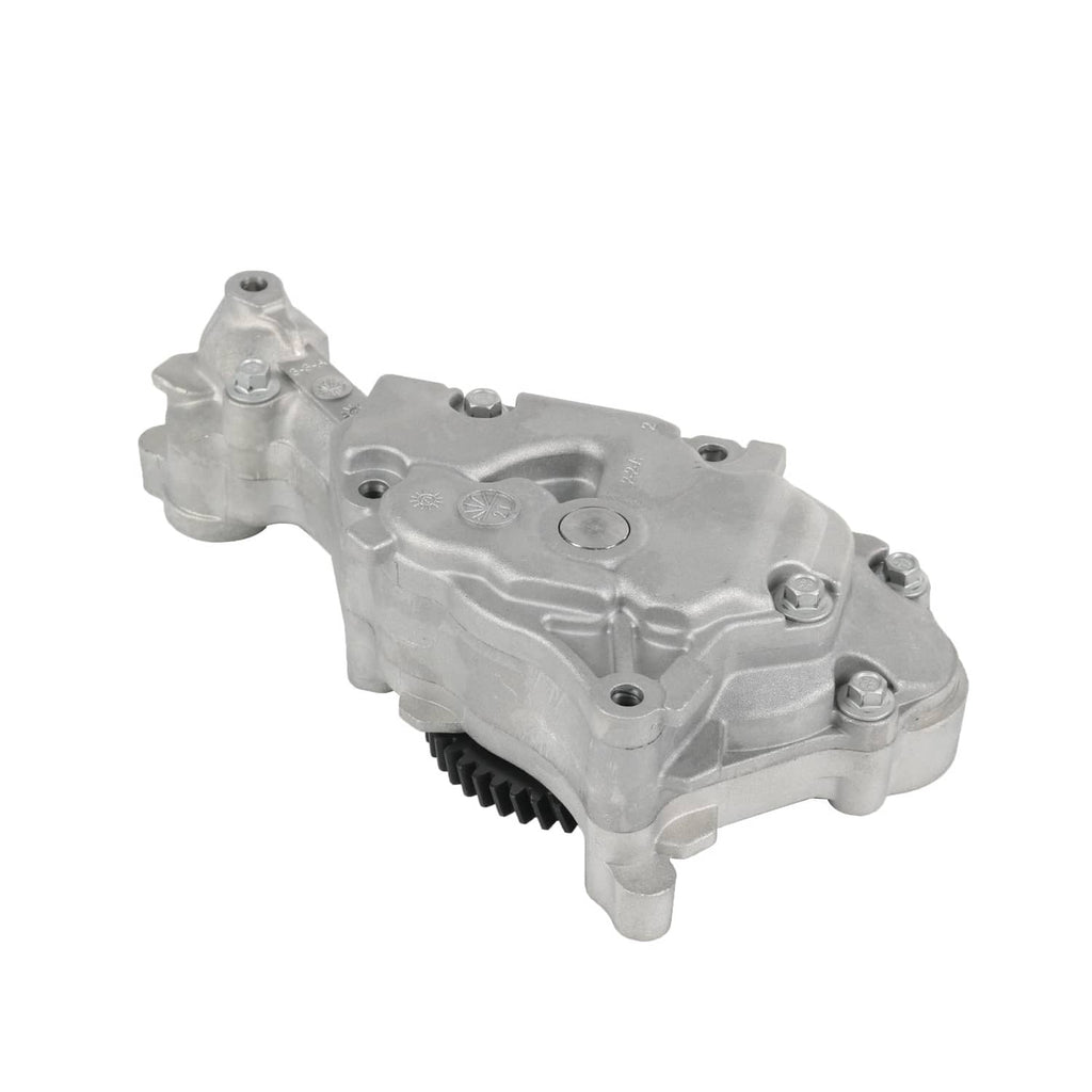 Engine oil pump assembly with gear wheel teeth visible along bottom edge