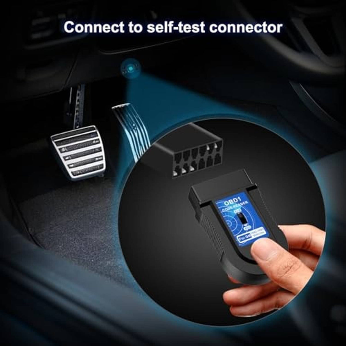 OBD1 code reader held in hand, connecting to an OBD self-test connector